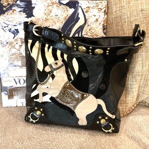 Sharif 1827 Egyptian Luxury RARE Black Leather Horse Motif Studded Shoulder Bag